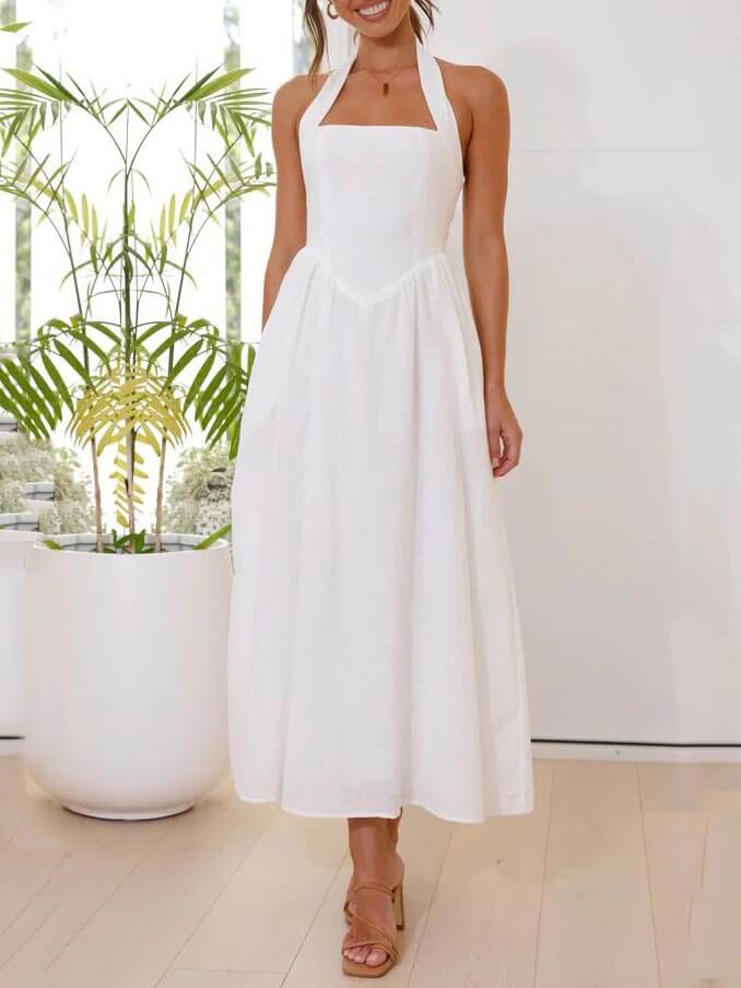 Elegant Halter-Neck Midi Dress – Waist-Defining Fit