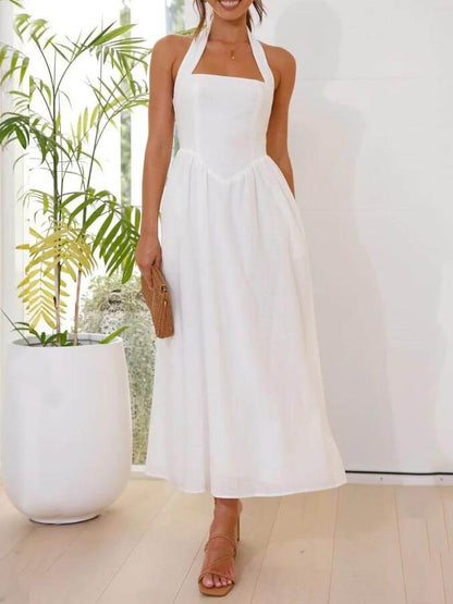 Elegant Halter-Neck Midi Dress – Waist-Defining Fit