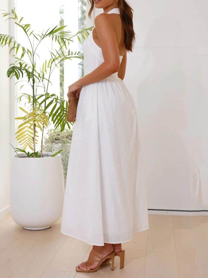 Elegant Halter-Neck Midi Dress – Waist-Defining Fit