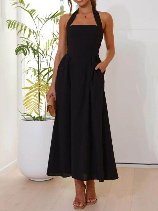 Elegant Halter-Neck Midi Dress – Waist-Defining Fit