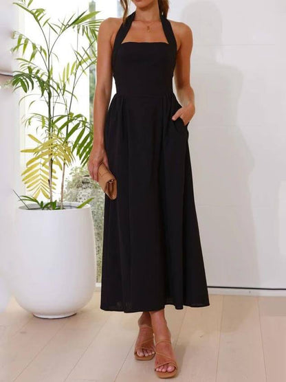 Elegant Halter-Neck Midi Dress – Waist-Defining Fit