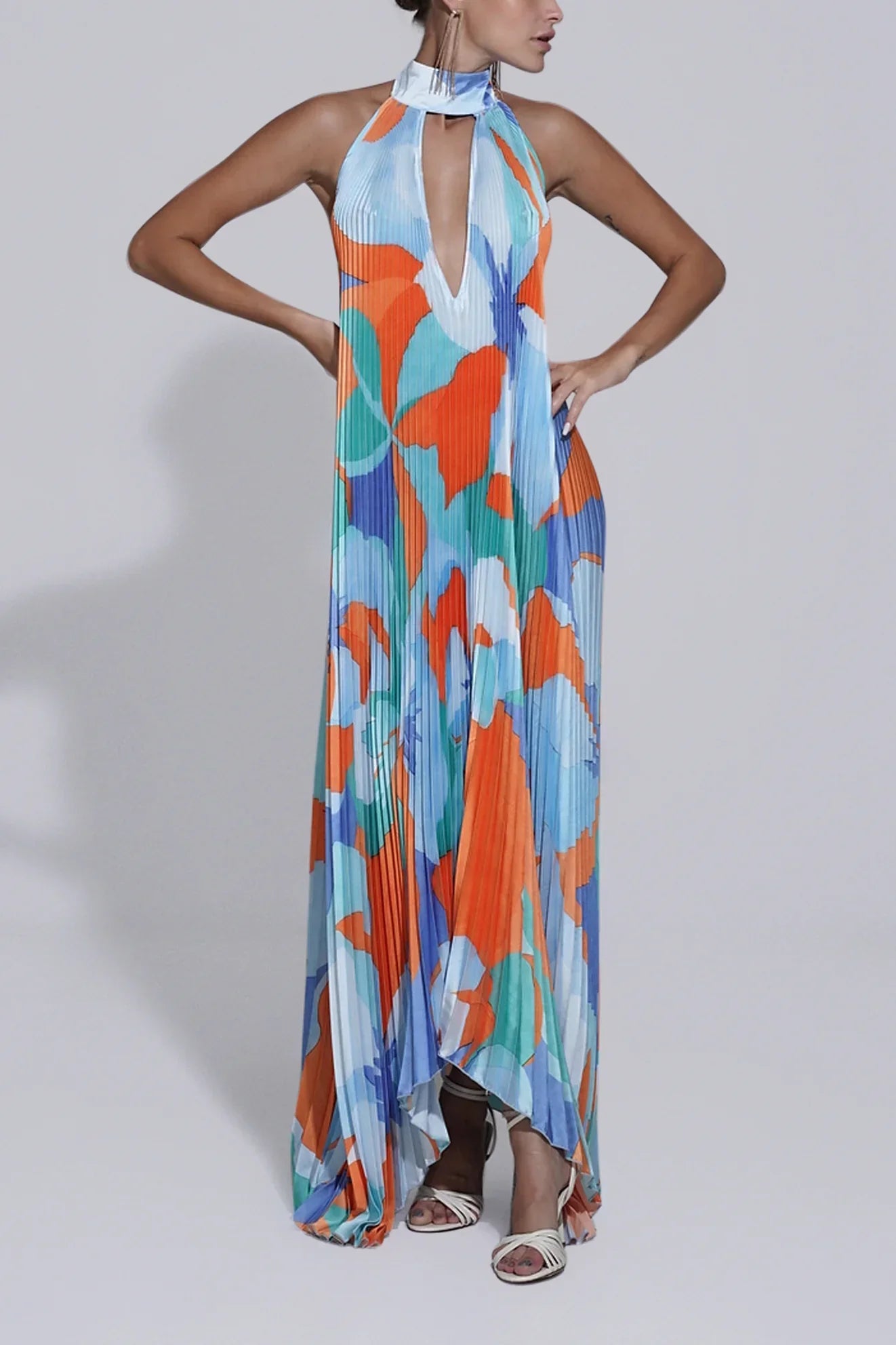 Shalia - Sultry Halter Pleated Maxi Dress